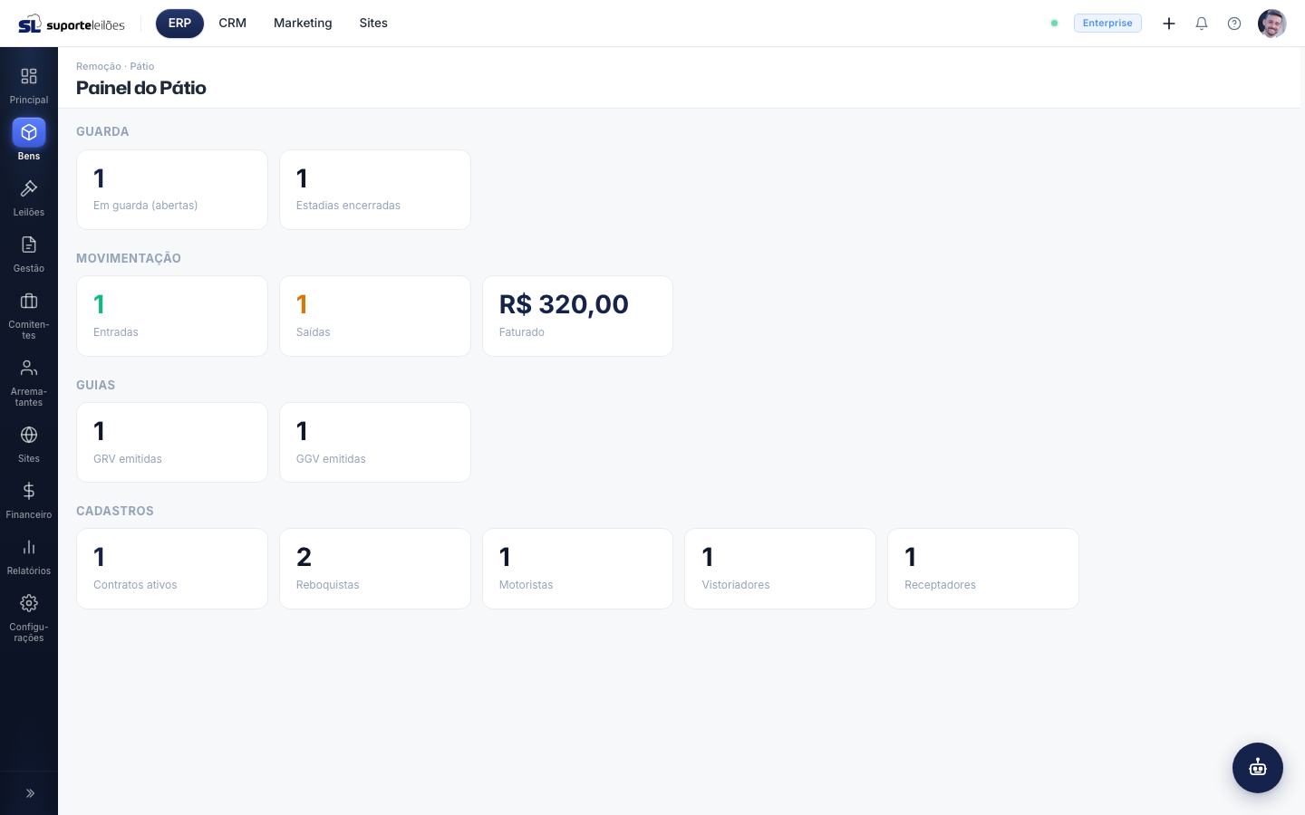 Tela do sistema: erp.suporteleiloes.com.br/remocao